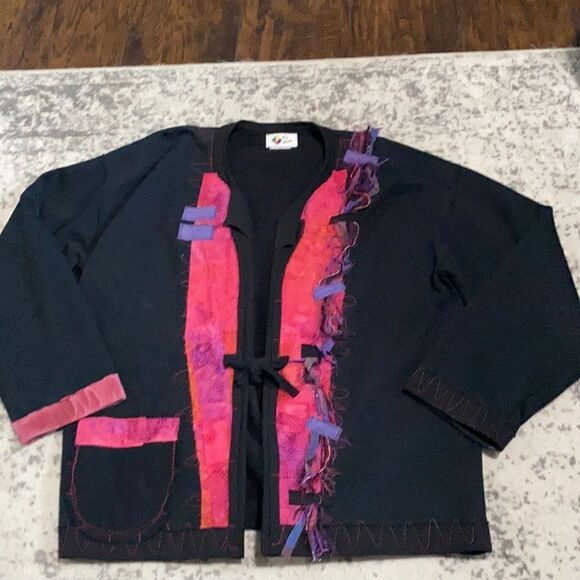 VTG ElizAbeth fleece cardigan patch work size M light jacket - Picture 1 of 12